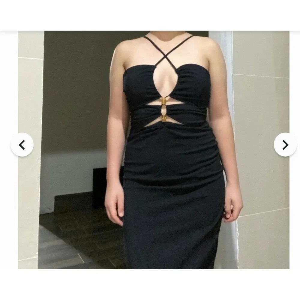 Zara Black Cutout Midi Dress Bamboo‎ Ring Halter Ruched XL